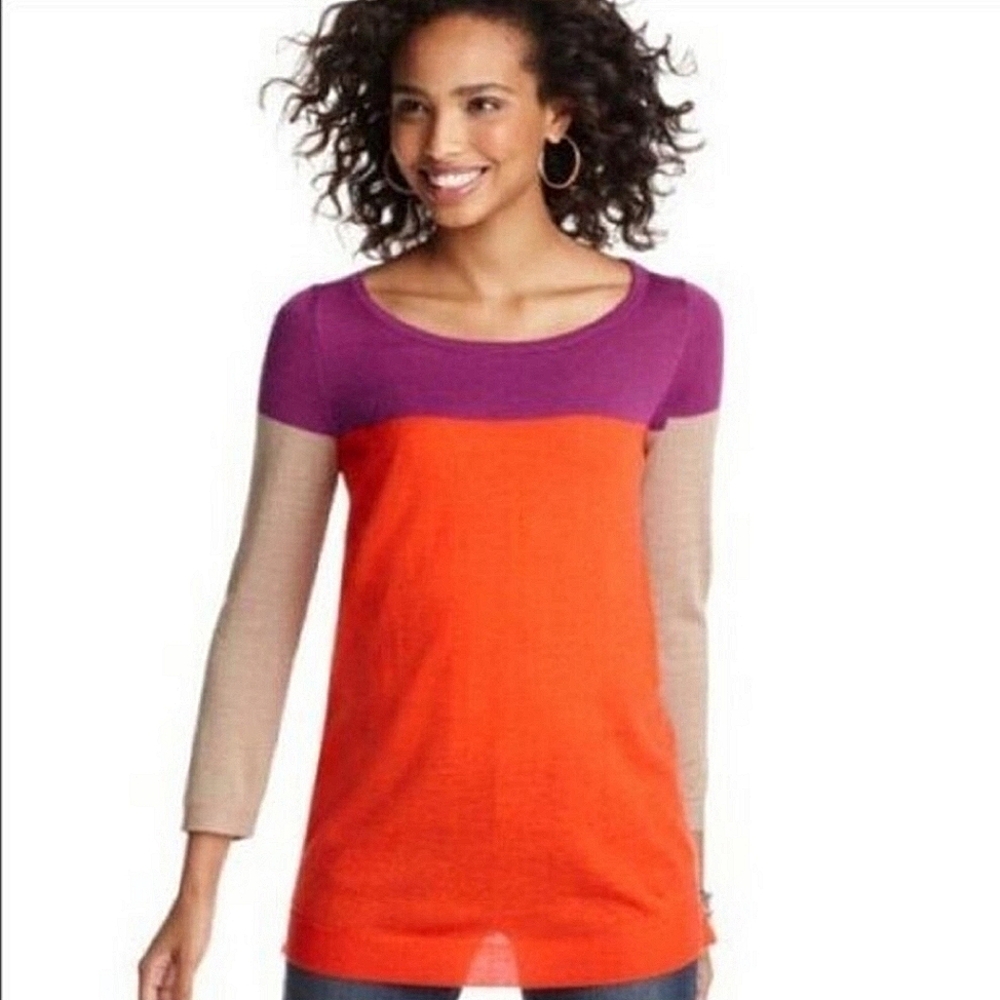 Loft Colorblock Knit Lightweight Sweater XS Orange Purple Gray ✨🍂💜